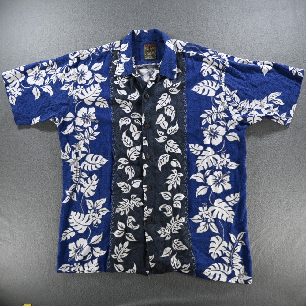 Pineapple Connection Mens Vintage 90s Hawaiian Aloha Shirt Large Blue Hibiscus
